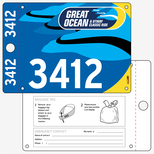 Show details for Full Colour Front, Black and White Reverse Race Bibs with Tear off Tags