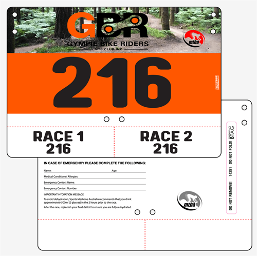 Show details for Full Colour Front, Black and White Reverse Economical Race Numbers with Tear off Tags