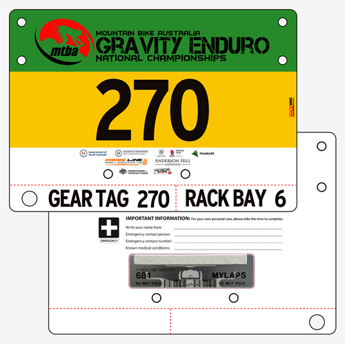 Show details for Full Colour Front, Black and White Reverse Economical Race Numbers with Tear off Tags