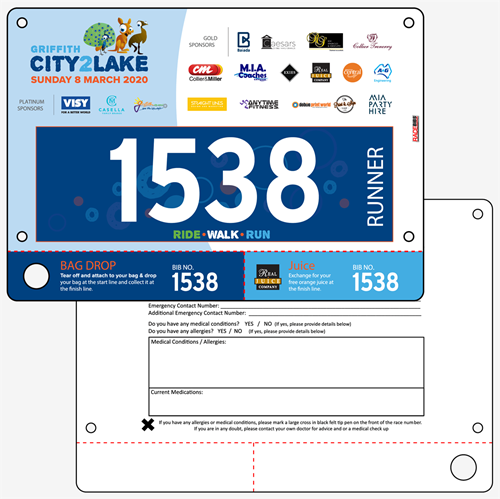 Show details for Full Colour Front, Black and White Reverse Race Bibs with Tear off Tags