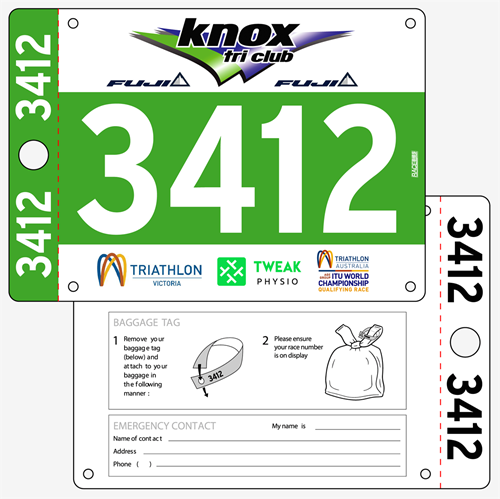 Show details for Full Colour Front, Black and White Reverse Race Bibs with Tear off Tags