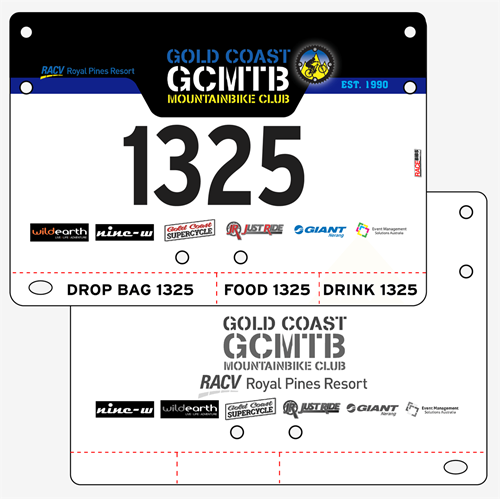 Show details for Full Colour Front, Black and White Reverse Economical Race Numbers with Tear off Tags