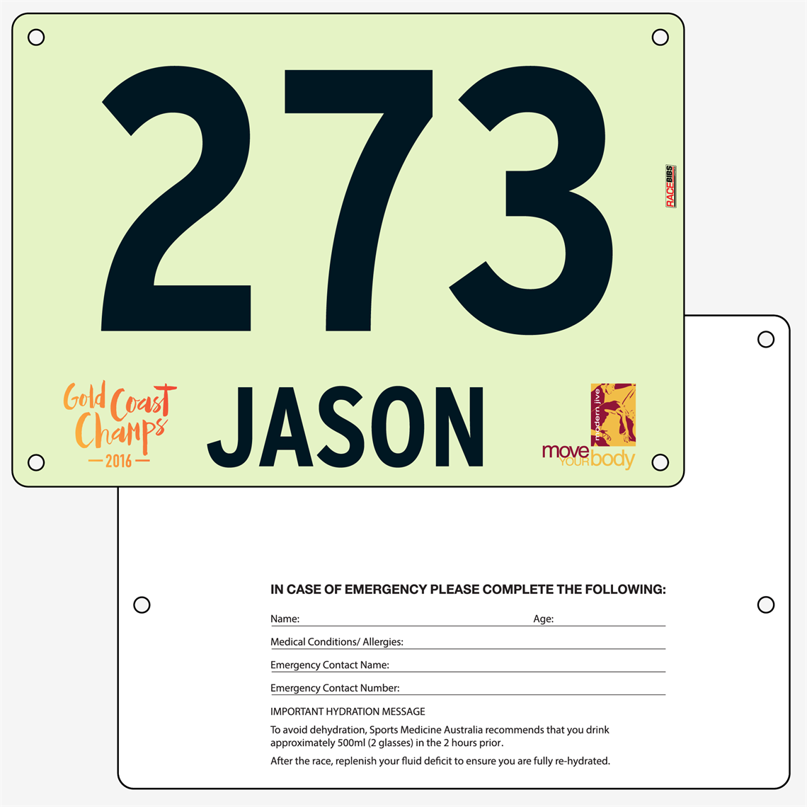 Show details for Full Colour Front, Black and White Reverse Race Bibs
